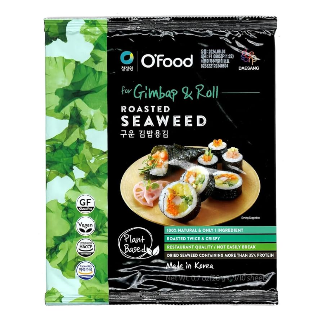O'Food Korean 100% Natural Roasted Seaweed Sushi Nori Laver for Gimbap & Sushi Roll 20g Halal